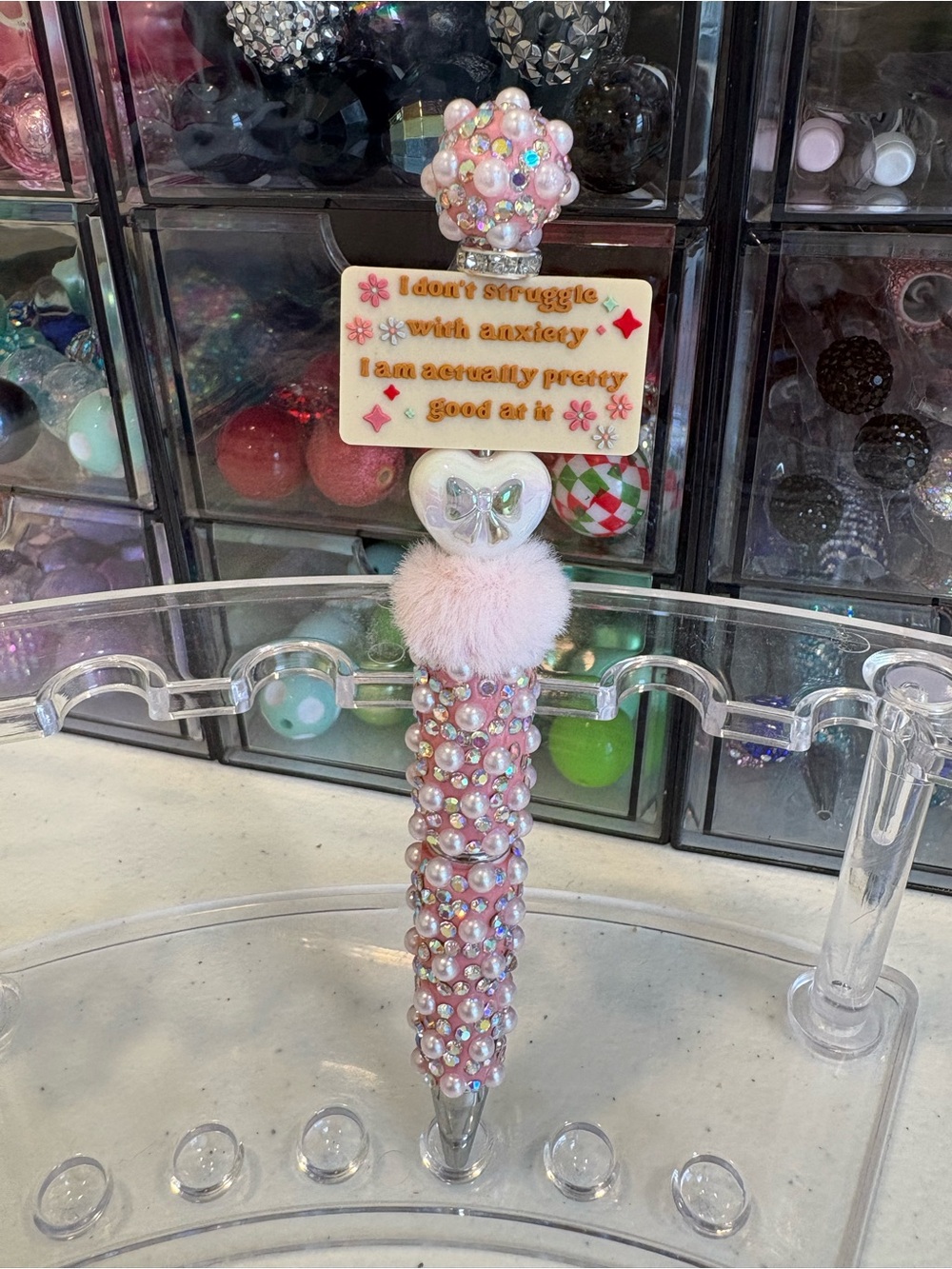 Handcrafted Pink Pearl-Embellished Decorative Pen with Motivational Charm